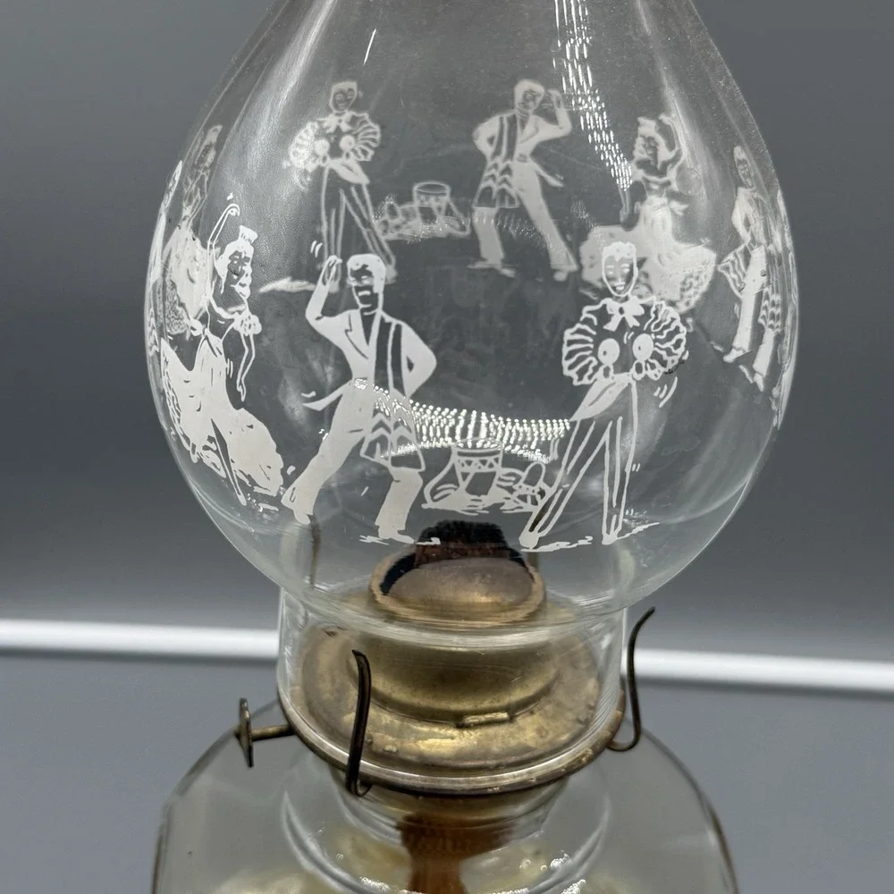 Vintage Amber Glass Oil Lamp Dancing Couple Etched Hurricane Lamp Kerosene Decor